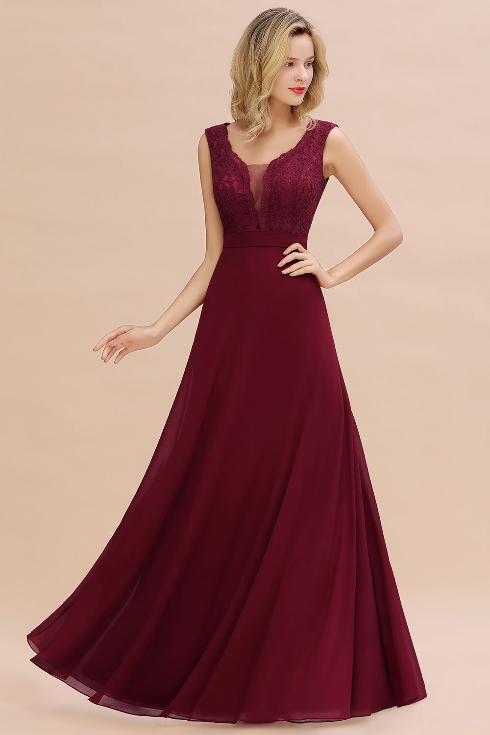 Elegant Lace Deep V-Neck Burgundy Bridesmaid Dresses Affordable