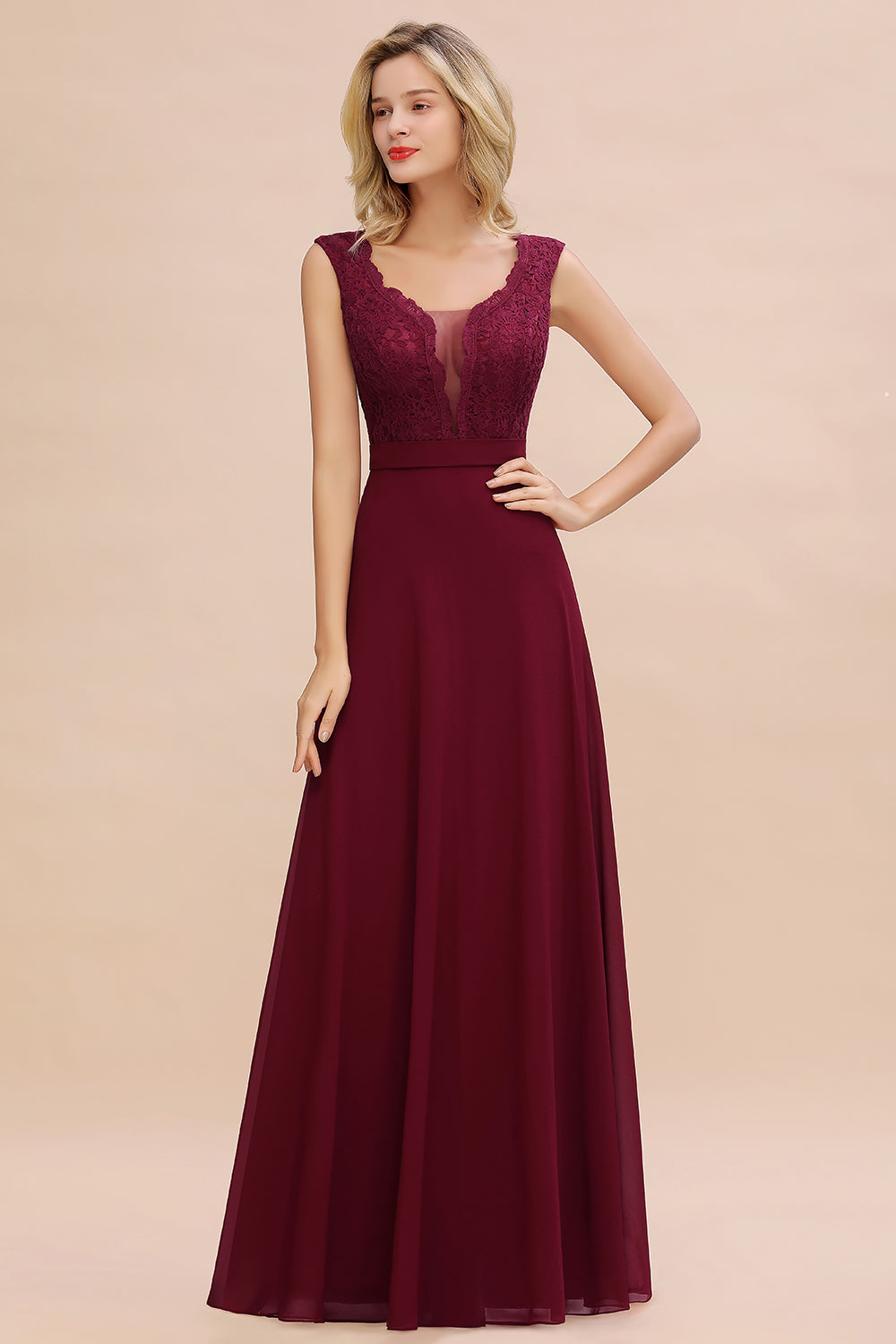 Elegant Lace Deep V-Neck Burgundy Bridesmaid Dresses Affordable