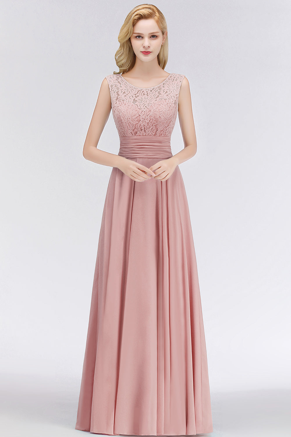 Elegant Lace Jewel Sleeveless Dusty Rose Bridesmaid Dresses