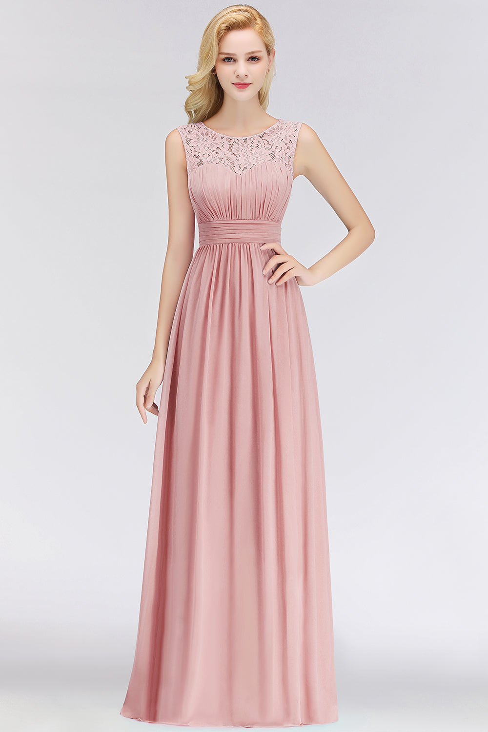 Elegant Lace Scoop Bridesmaid Dresses Dusty Rose Chiffon Sleeveless Wedding party Dress