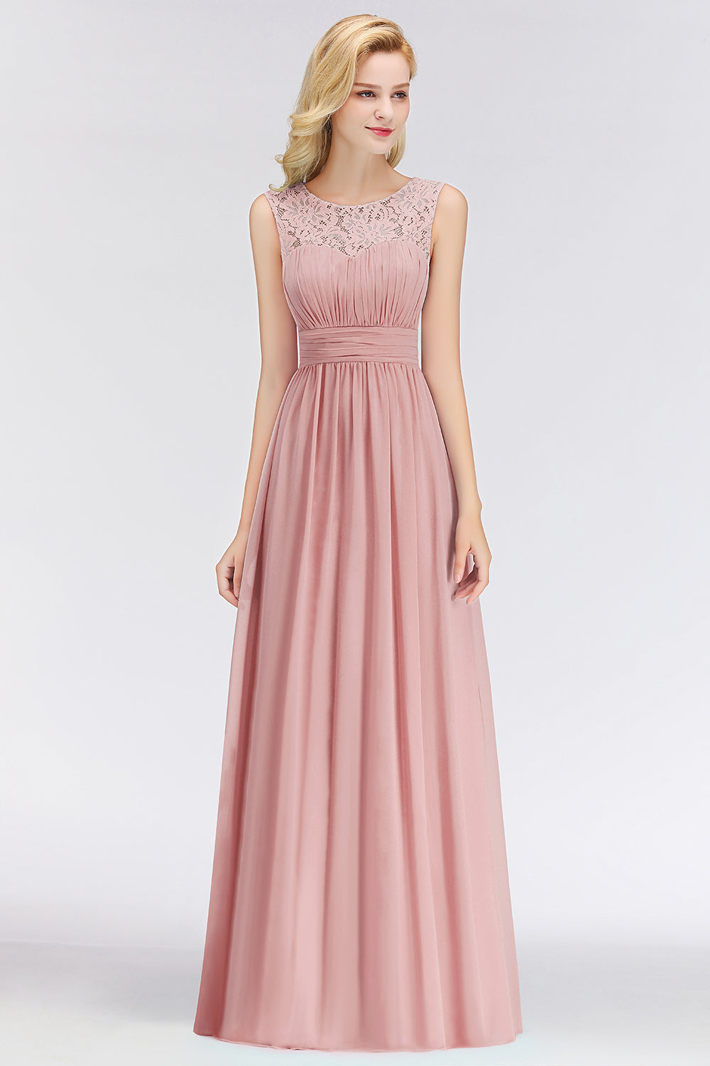 Elegant Lace Scoop Bridesmaid Dresses Dusty Rose Chiffon Sleeveless Wedding party Dress