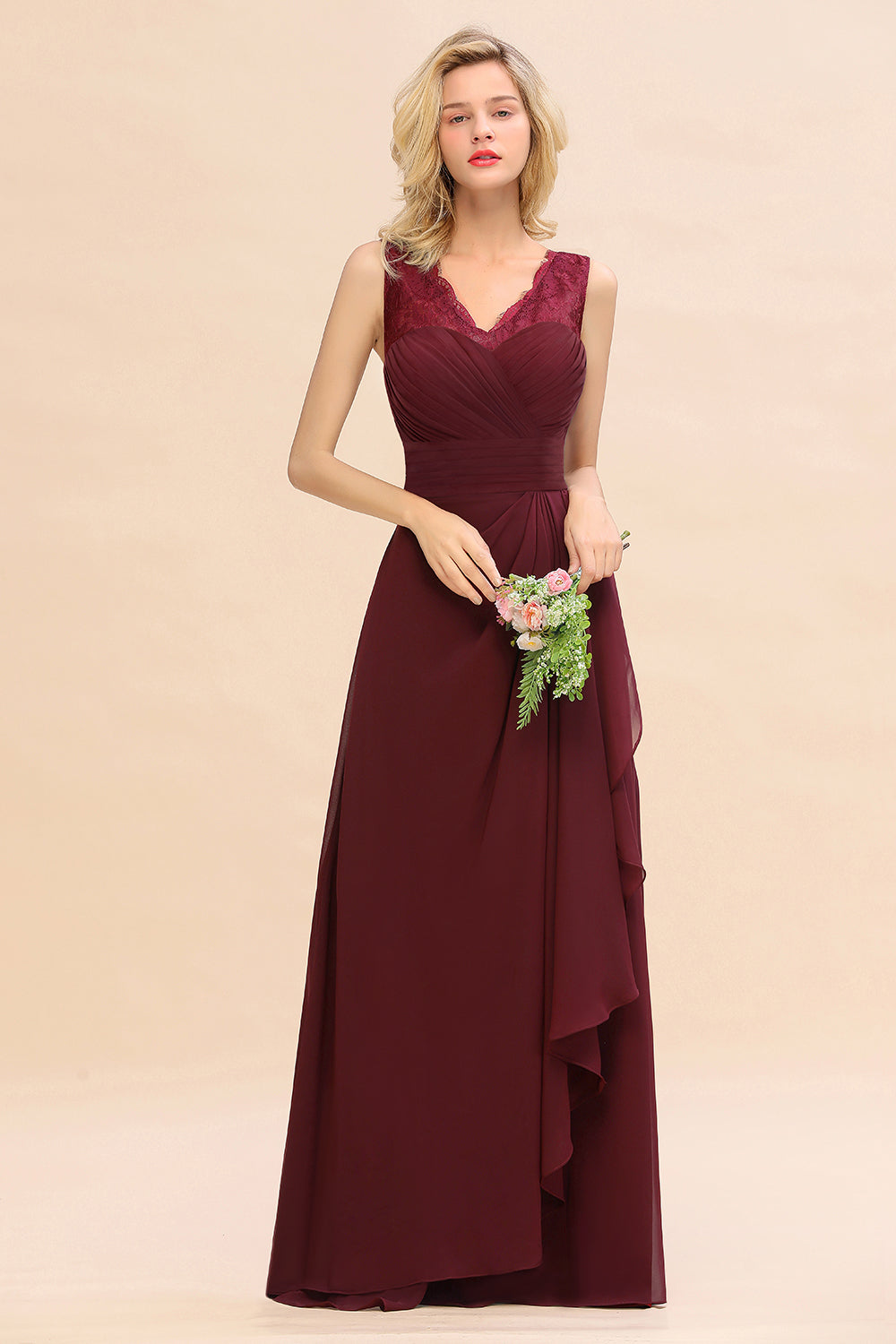 Elegant Lace V-Neck Burgundy Chiffon Bridesmaid dresses with Ruffle