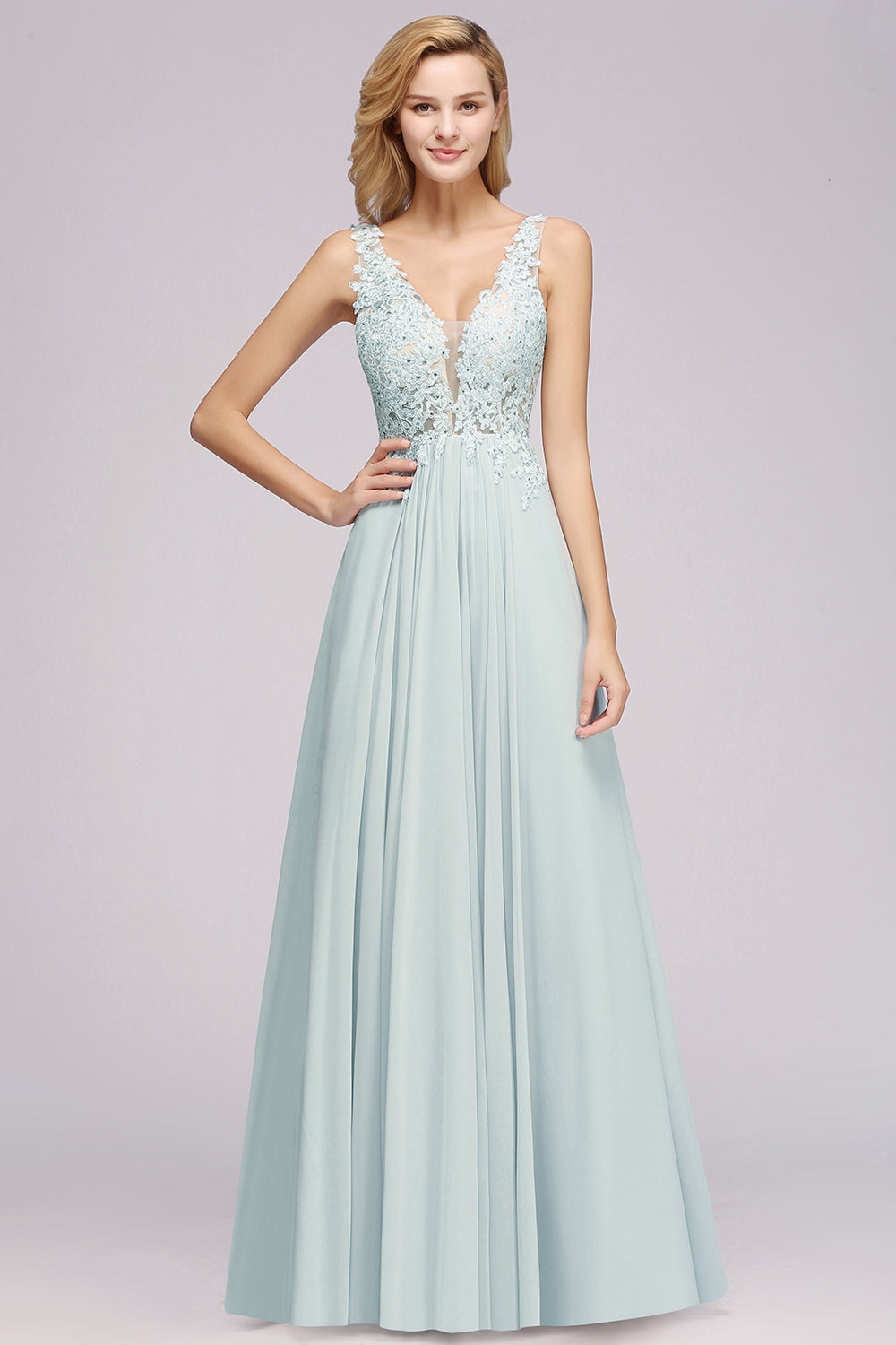 Elegant Lace V-Neck Chiffon Affordable Bridesmaid Dresses with Beadings