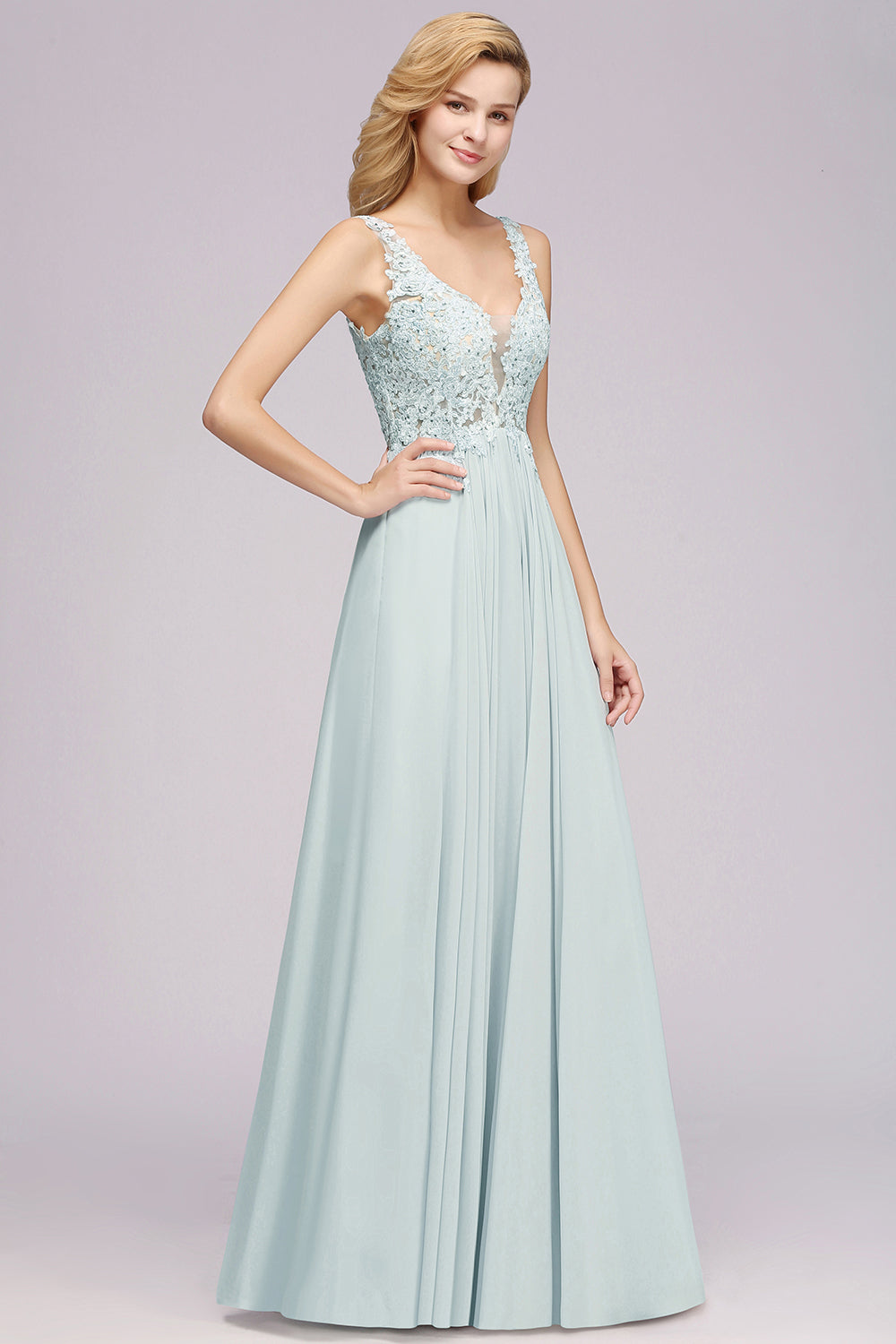 Elegant Lace V-Neck Chiffon Affordable Bridesmaid Dresses with Beadings