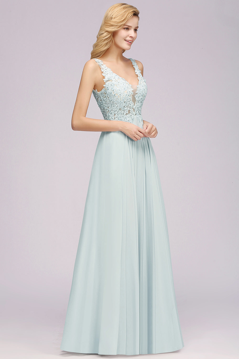 Elegant Lace V-Neck Chiffon Affordable Bridesmaid Dresses with Beadings