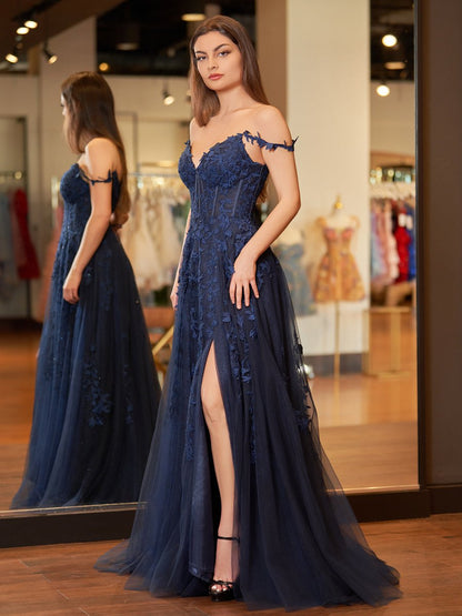 Sevoba|A-line Sweetheart Lace Tulle Prom Dress with Slit