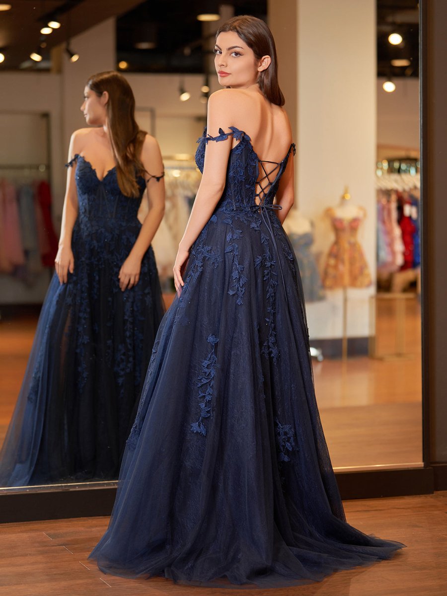 Sevoba|A-line Sweetheart Lace Tulle Prom Dress with Slit