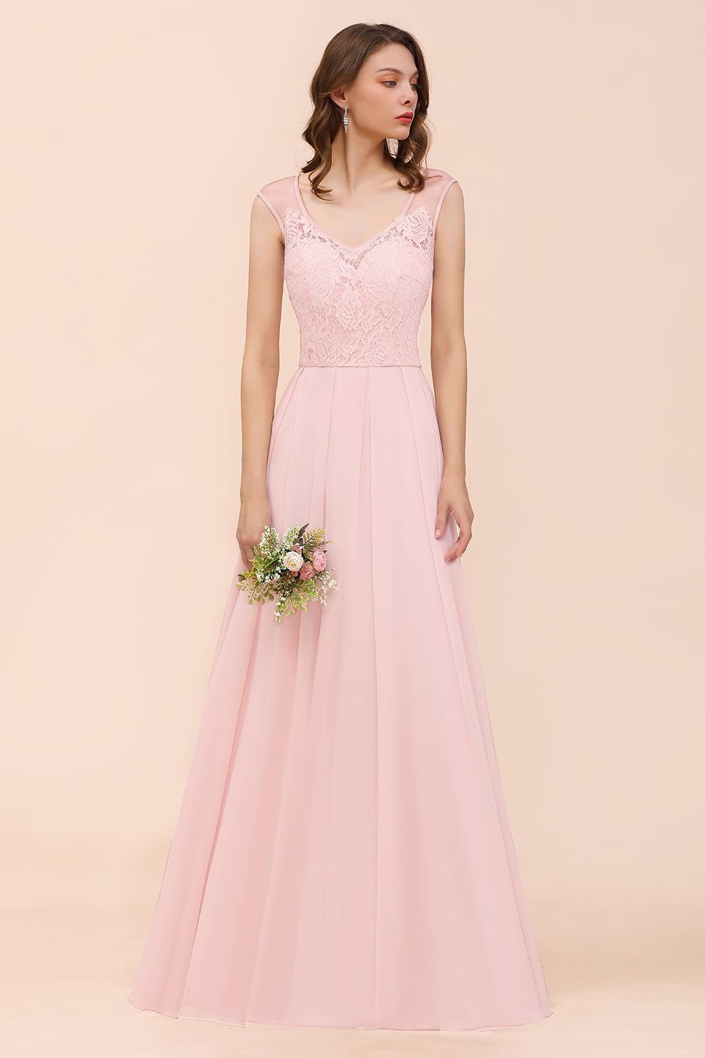 Elegant Pink Lace Straps Ruffle Affordable Bridesmaid Dresses