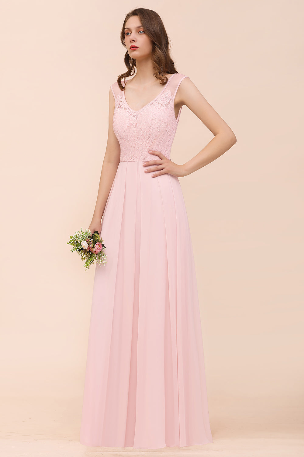 Elegant Pink Lace Straps Ruffle Affordable Bridesmaid Dresses