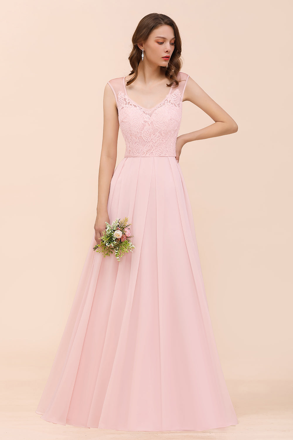 Elegant Pink Lace Straps Ruffle Affordable Bridesmaid Dresses