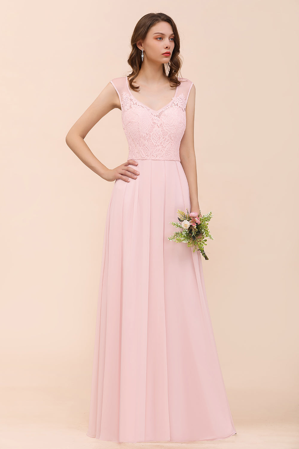 Elegant Pink Lace Straps Ruffle Affordable Bridesmaid Dresses