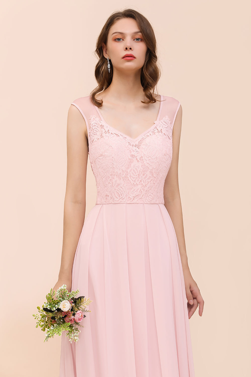 Elegant Pink Lace Straps Ruffle Affordable Bridesmaid Dresses