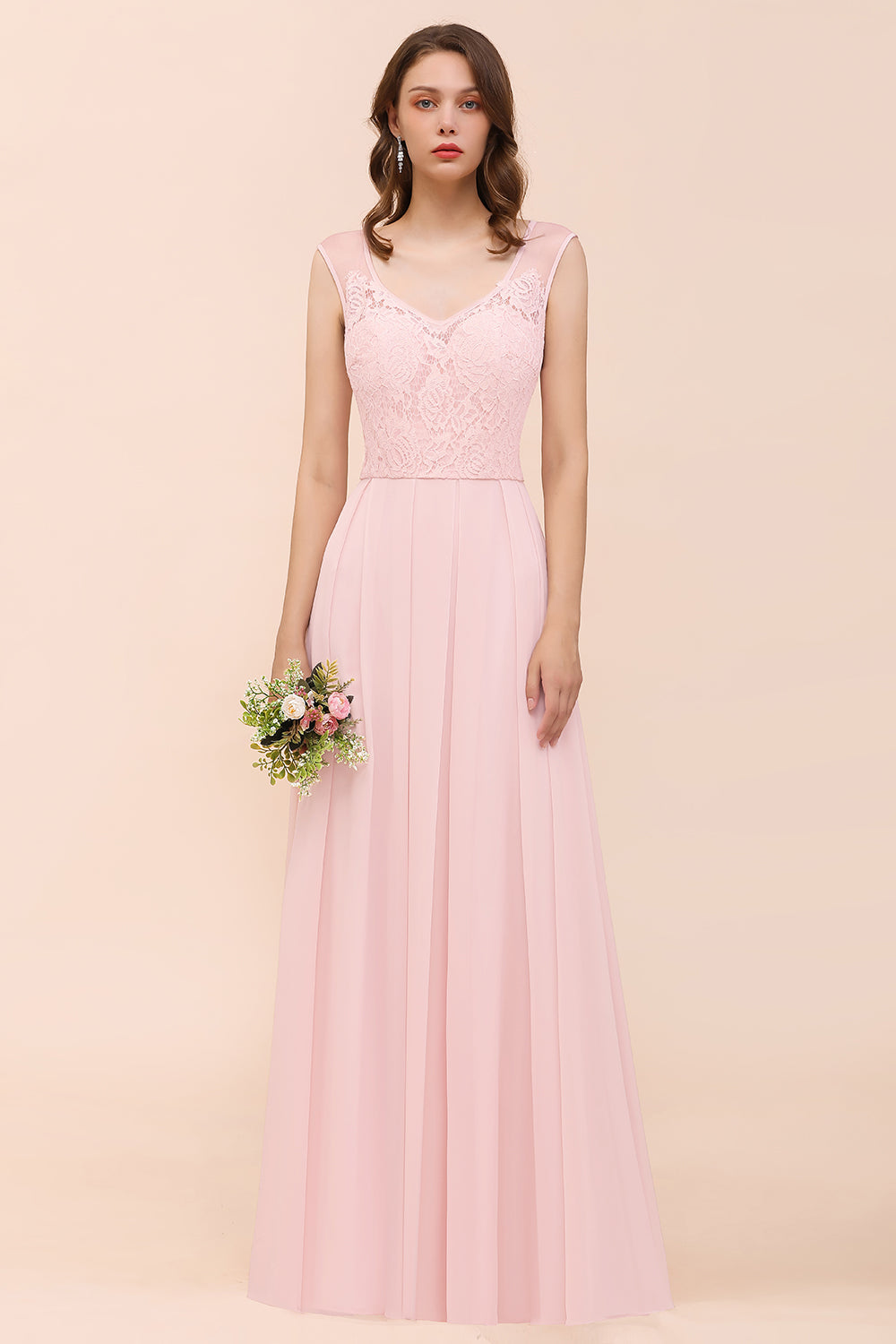 Elegant Pink Lace Straps Ruffle Affordable Bridesmaid Dresses