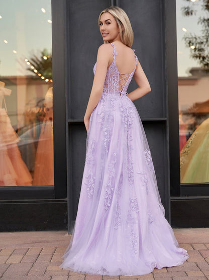 Sevoba|A-line Sweetheart Lace Tulle Prom Dress with Slit