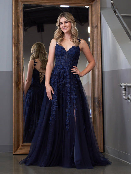 Sevoba|A-line Sweetheart Lace Tulle Prom Dress with Slit