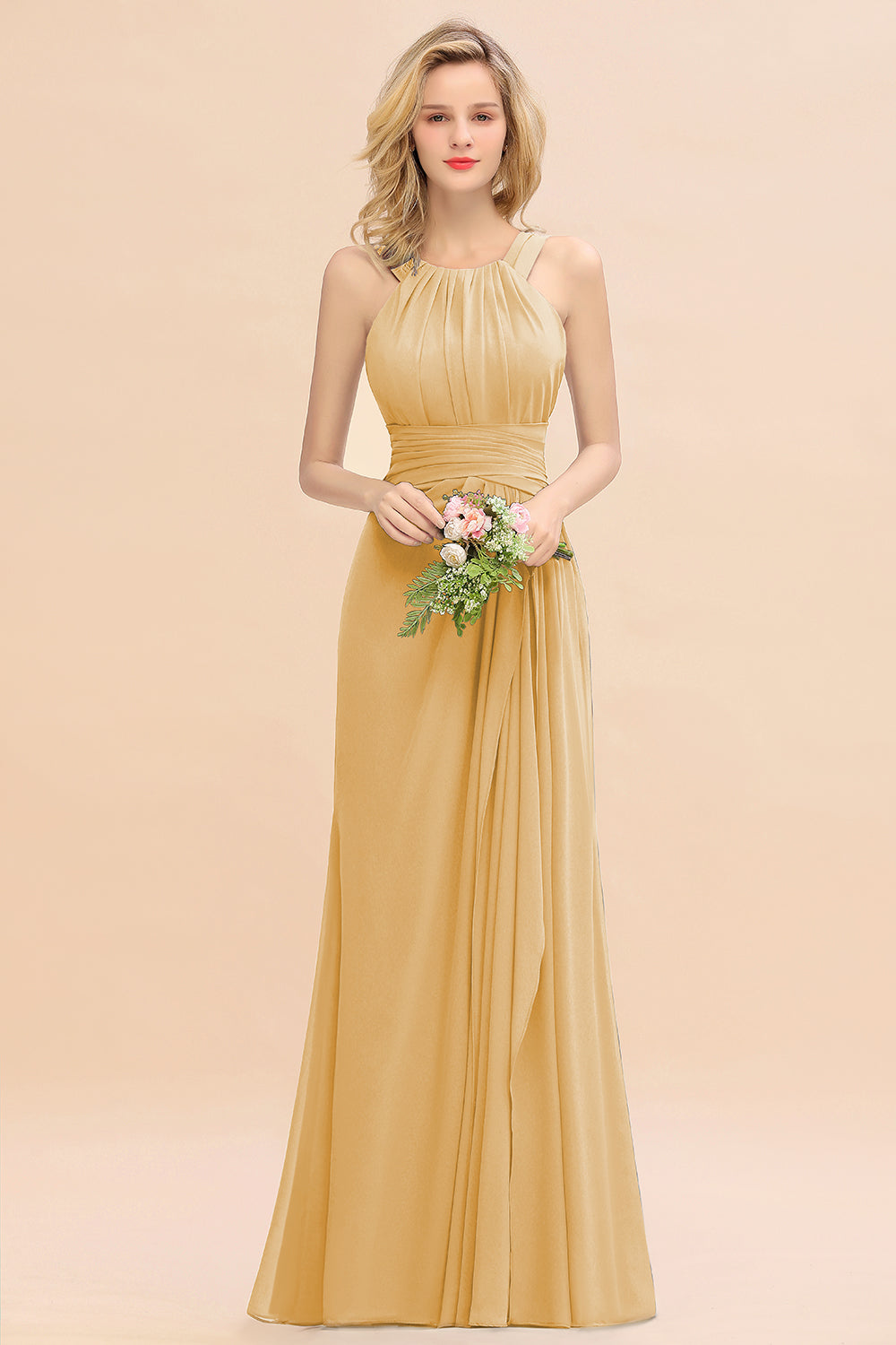 Elegant Round Neck Sleeveless Bridesmaid Dresses with Ruffles