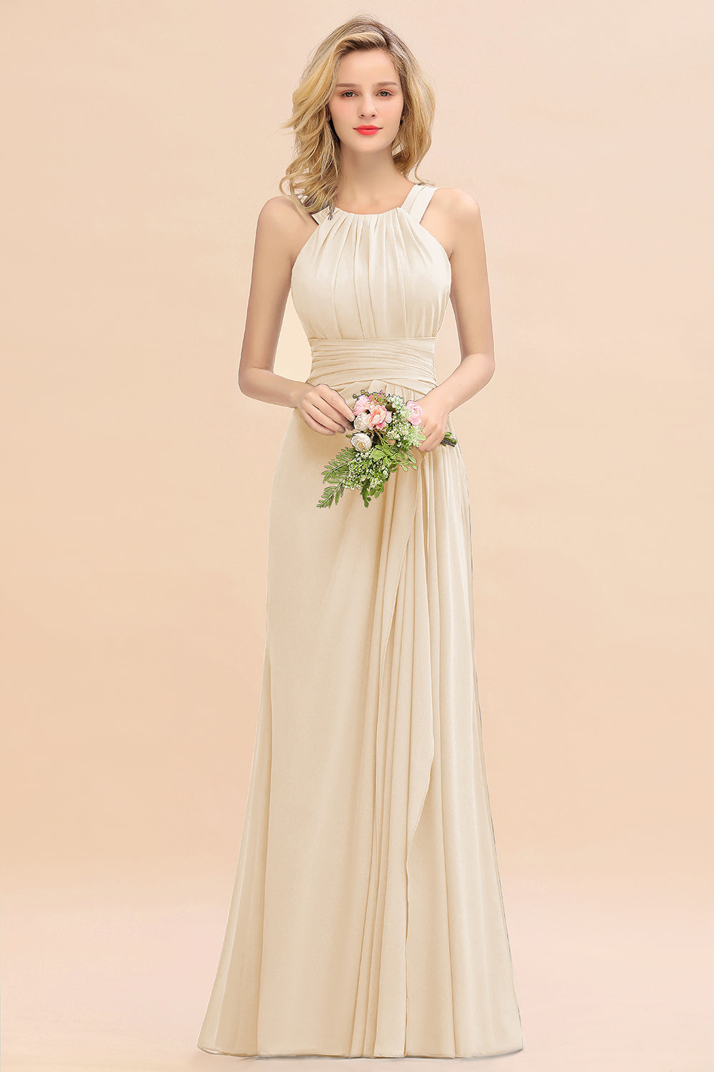 Elegant Round Neck Sleeveless Bridesmaid Dresses with Ruffles