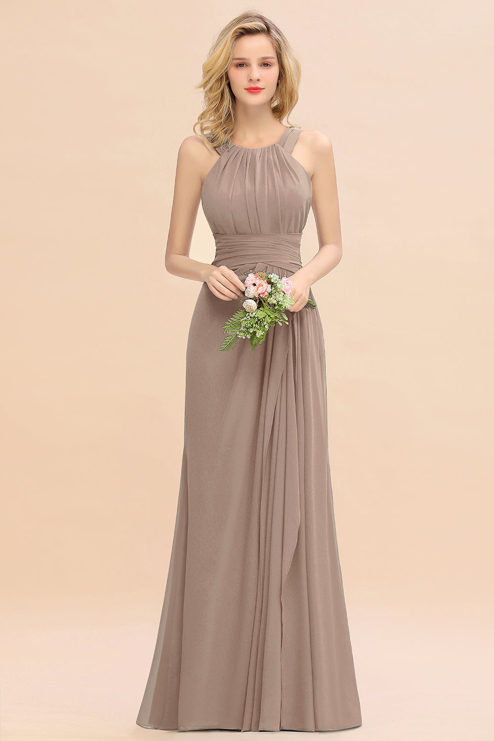 Elegant Round Neck Sleeveless Bridesmaid Dresses with Ruffles