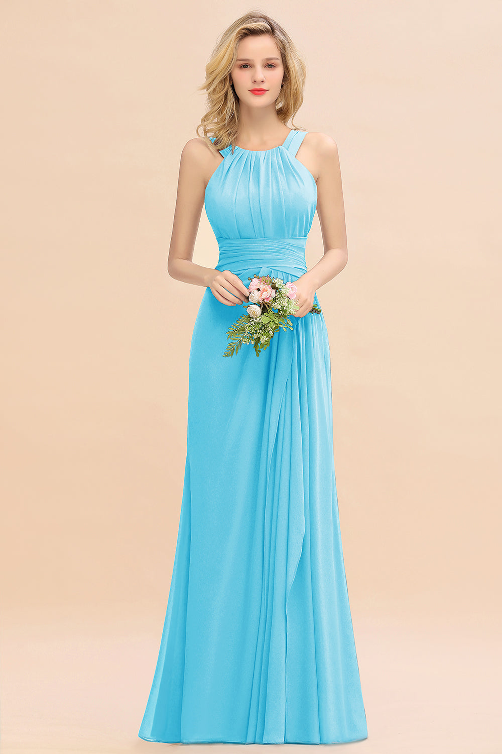 Elegant Round Neck Sleeveless Bridesmaid Dresses with Ruffles