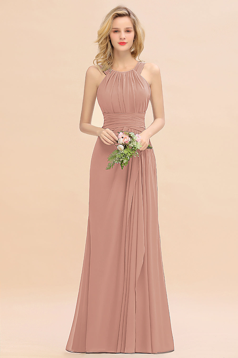 Elegant Round Neck Sleeveless Bridesmaid Dresses with Ruffles