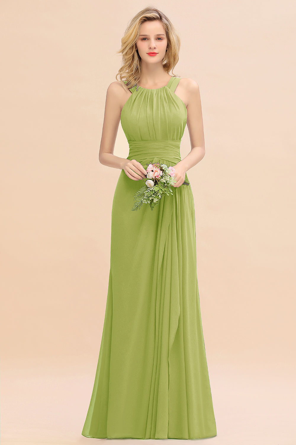 Elegant Round Neck Sleeveless Bridesmaid Dresses with Ruffles