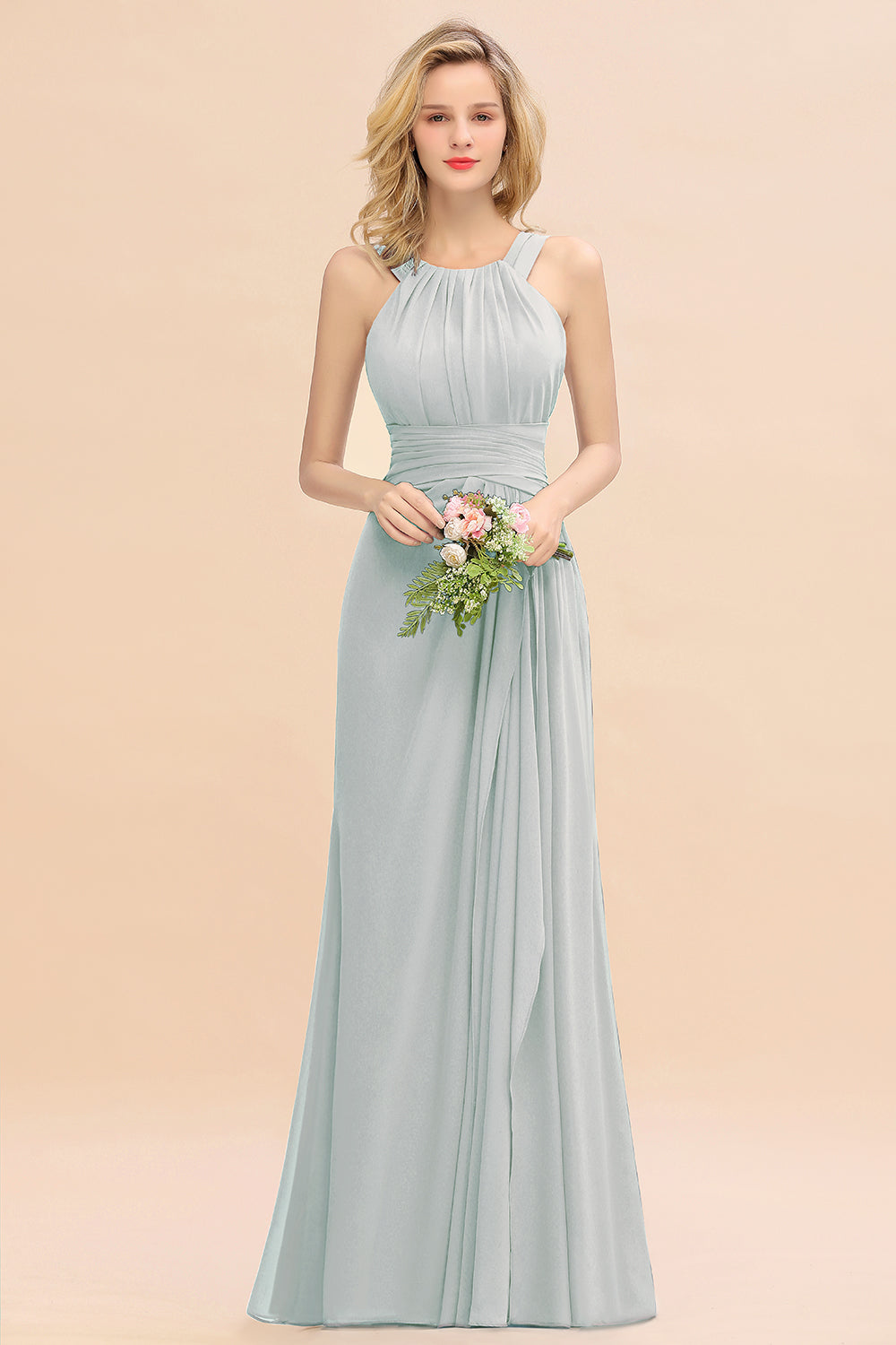 Elegant Round Neck Sleeveless Bridesmaid Dresses with Ruffles