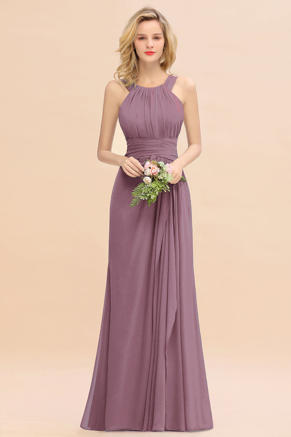 Elegant Round Neck Sleeveless Bridesmaid Dresses with Ruffles