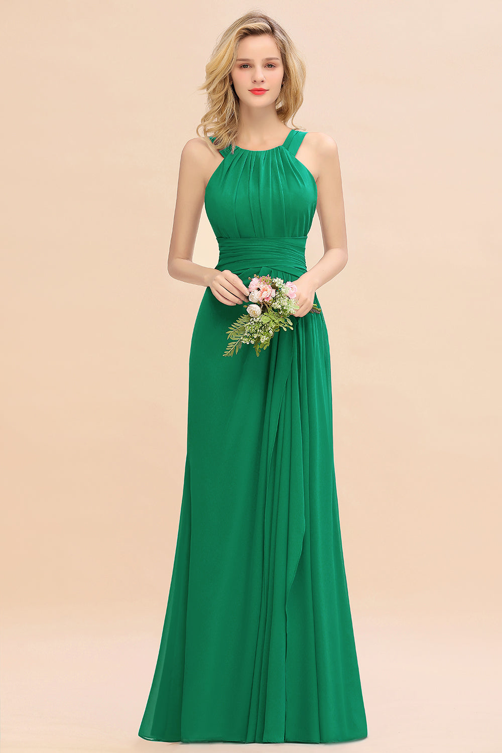 Elegant Round Neck Sleeveless Bridesmaid Dresses with Ruffles