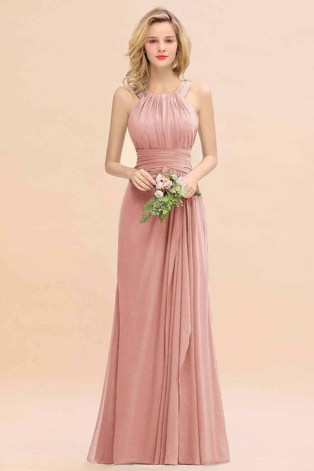 Elegant Round Neck Sleeveless Bridesmaid Dresses with Ruffles