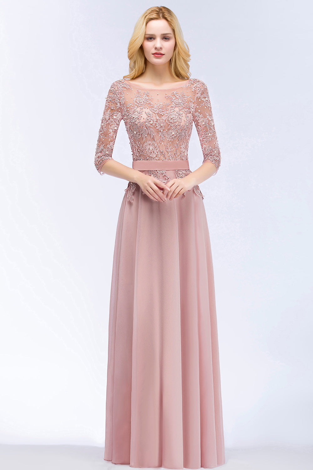 Elegant Scoop Half-Sleeves Lace Dusty Rose Bridesmaid Dresses With Pearls