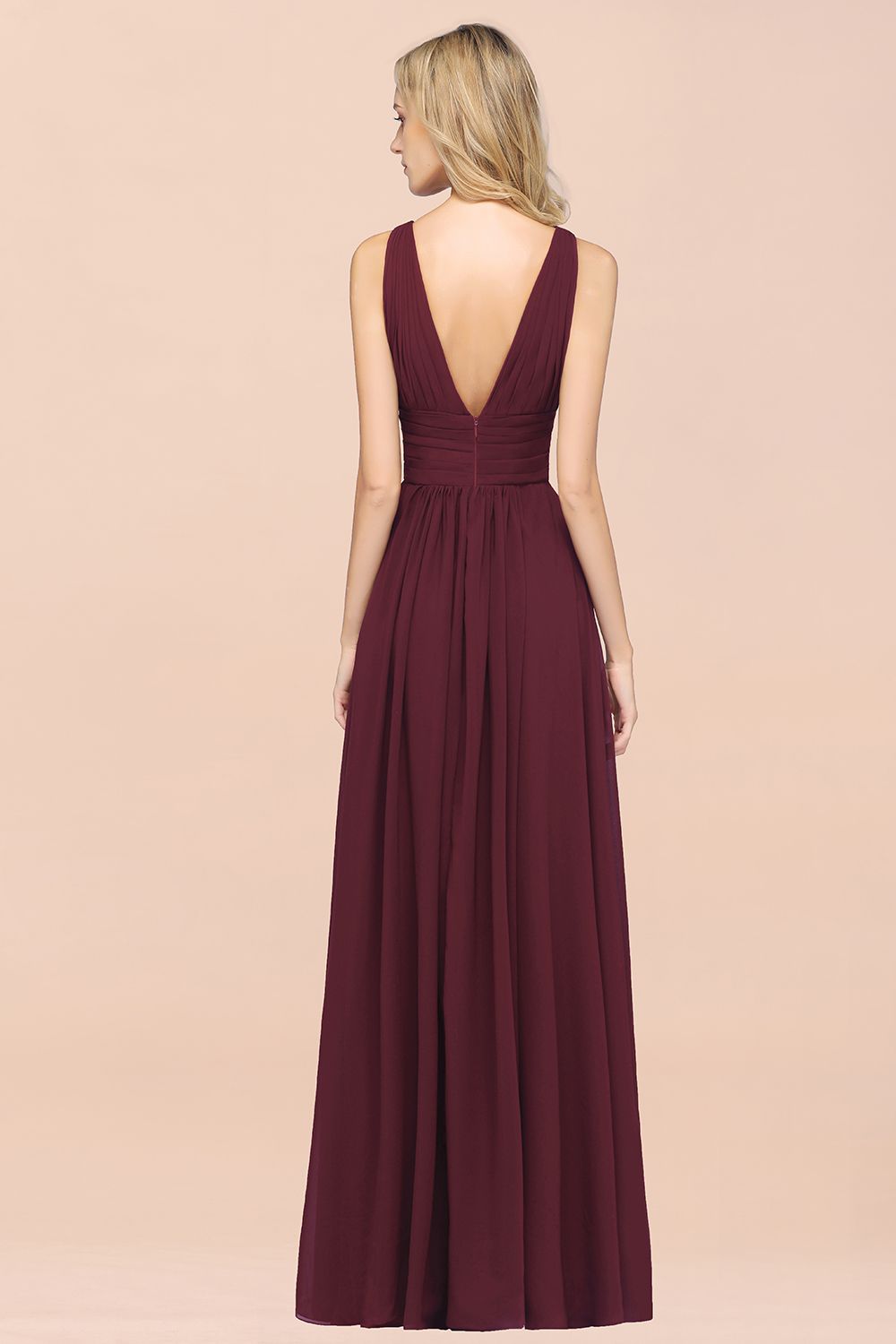 Elegant V-Neck Burgundy Chiffon Affordable Bridesmaid Dresses with Ruffle