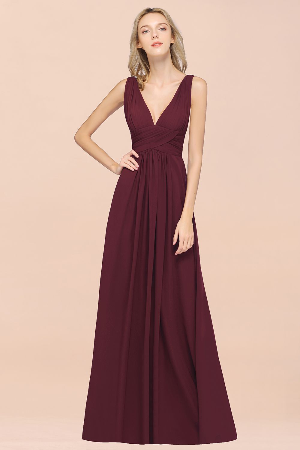 Elegant V-Neck Burgundy Chiffon Affordable Bridesmaid Dresses with Ruffle