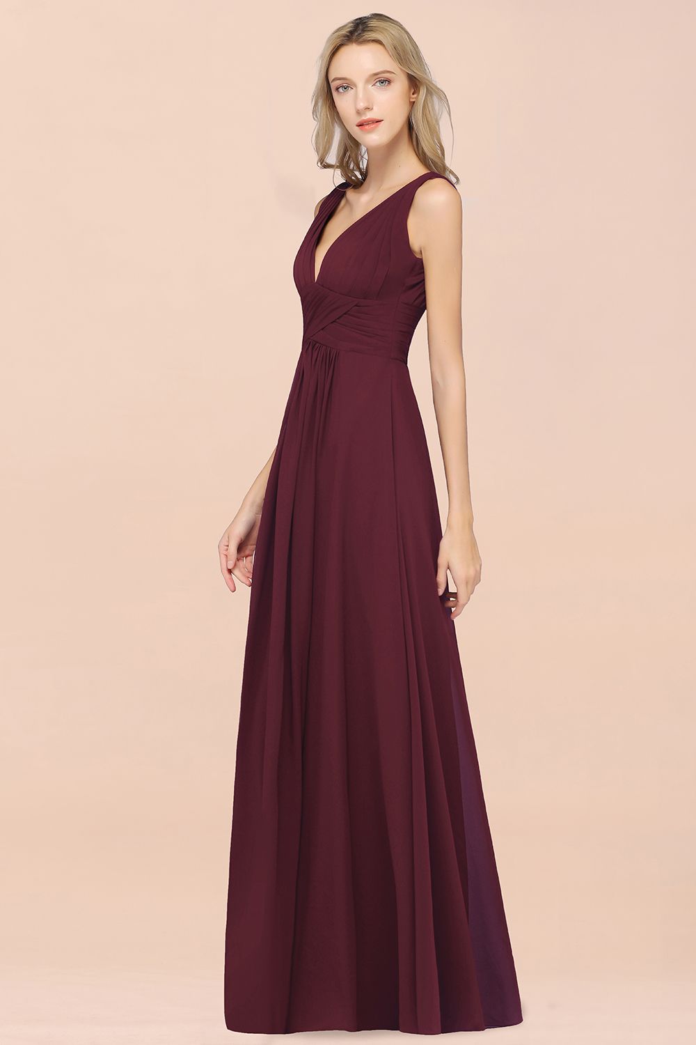 Elegant V-Neck Burgundy Chiffon Affordable Bridesmaid Dresses with Ruffle