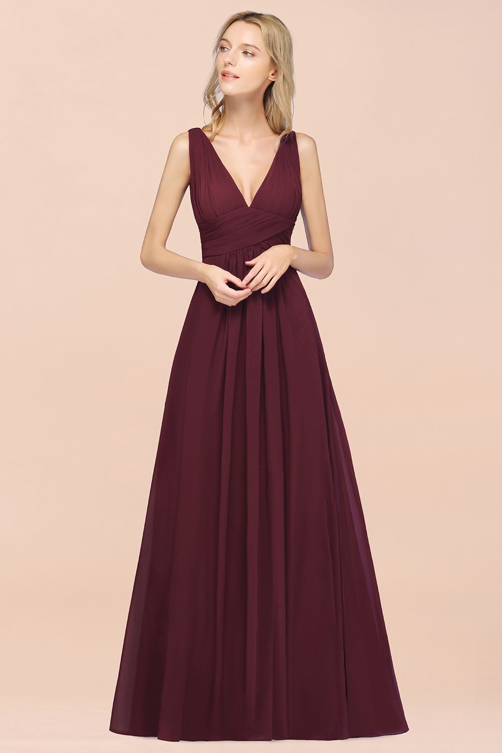 Elegant V-Neck Burgundy Chiffon Affordable Bridesmaid Dresses with Ruffle