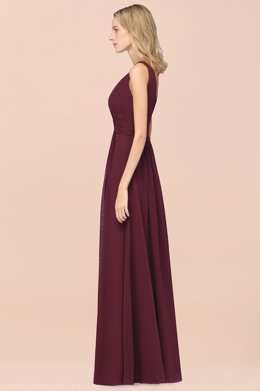 Elegant V-Neck Burgundy Chiffon Affordable Bridesmaid Dresses with Ruffle