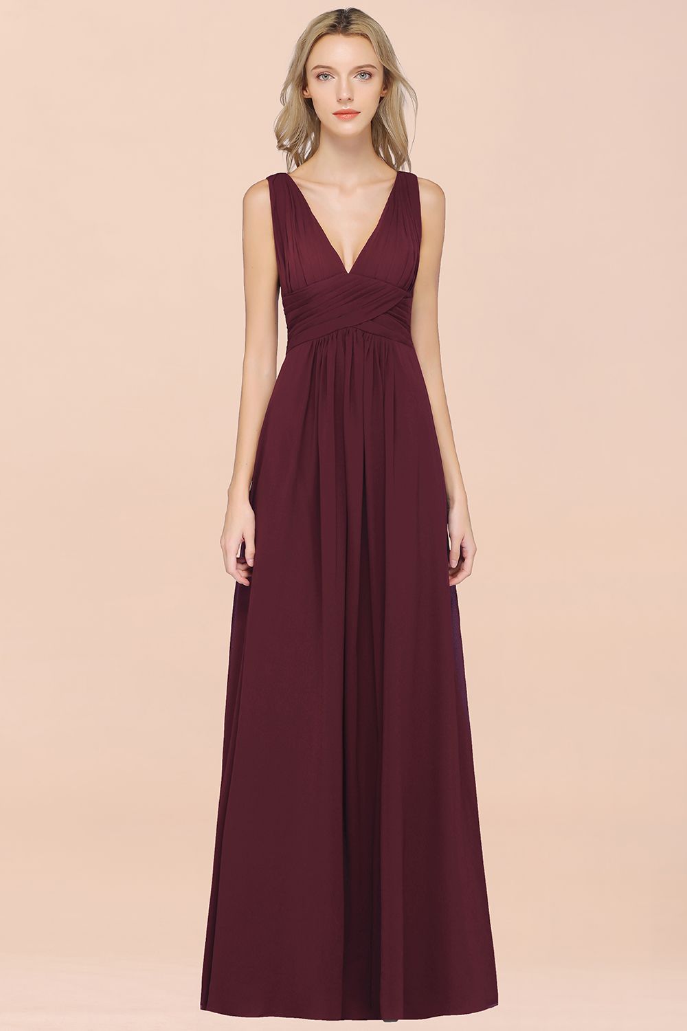 Elegant V-Neck Burgundy Chiffon Affordable Bridesmaid Dresses with Ruffle