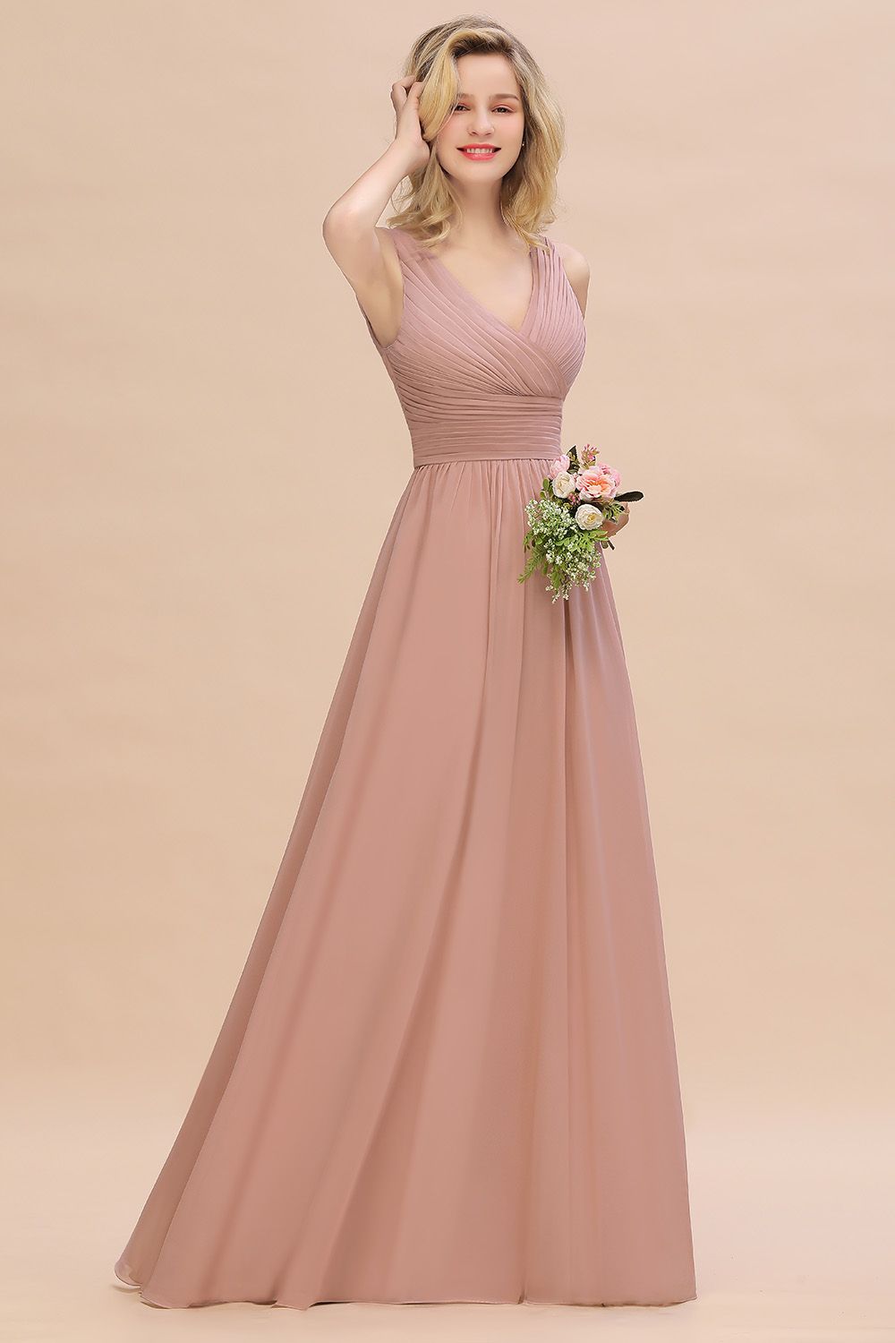 Elegant V-Neck Dusty Rose Chiffon Bridesmaid Dresses with Ruffle