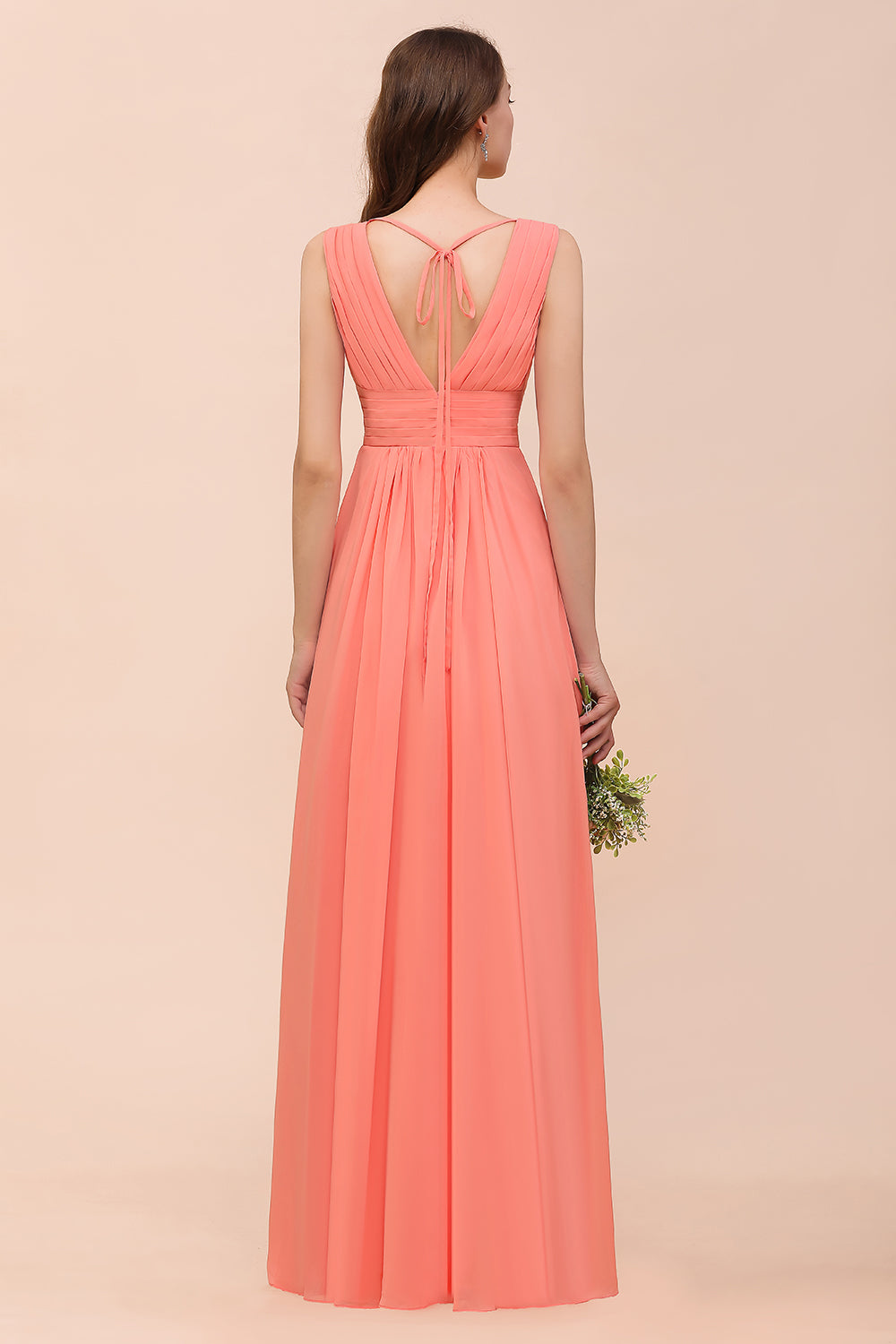 Elegant V-Neck Ruffle Coral Chiffon Affordable Bridesmaid dresses