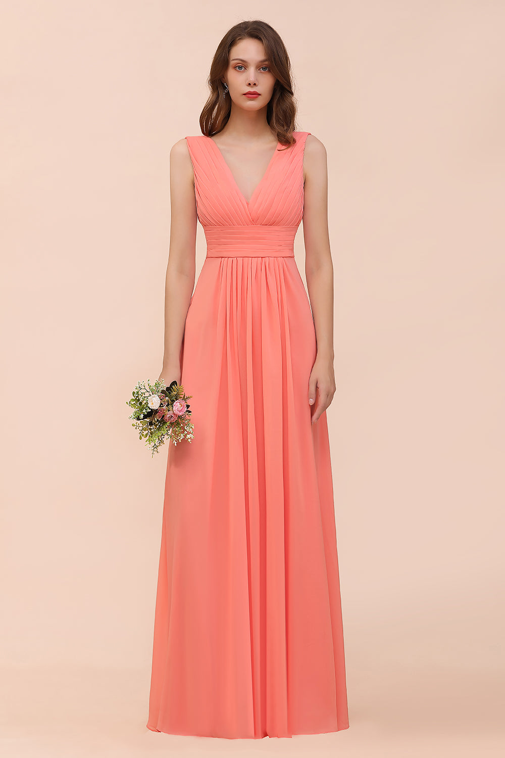 Elegant V-Neck Ruffle Coral Chiffon Affordable Bridesmaid dresses