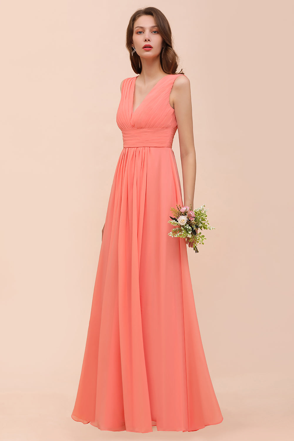 Elegant V-Neck Ruffle Coral Chiffon Affordable Bridesmaid dresses