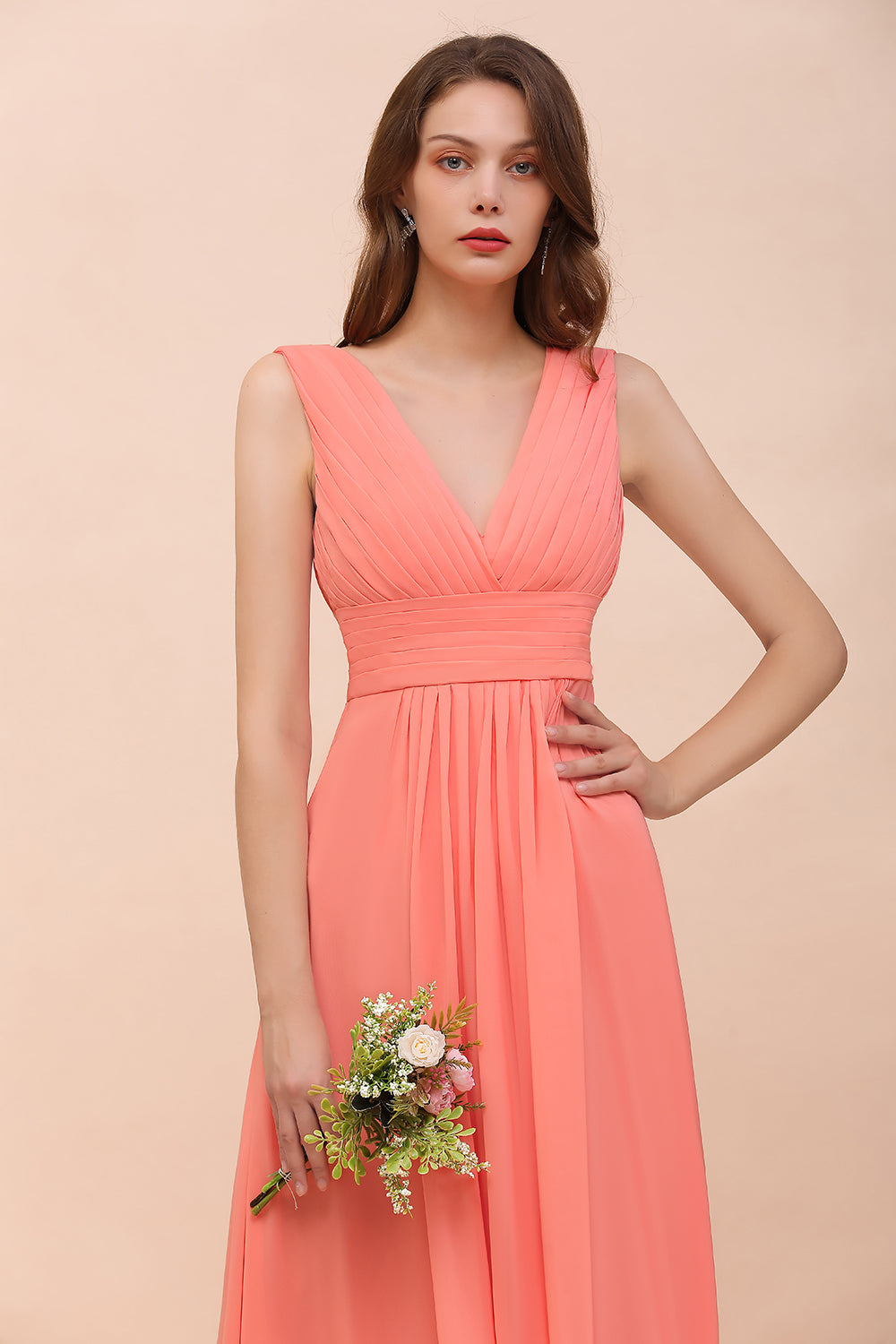 Elegant V-Neck Ruffle Coral Chiffon Affordable Bridesmaid dresses