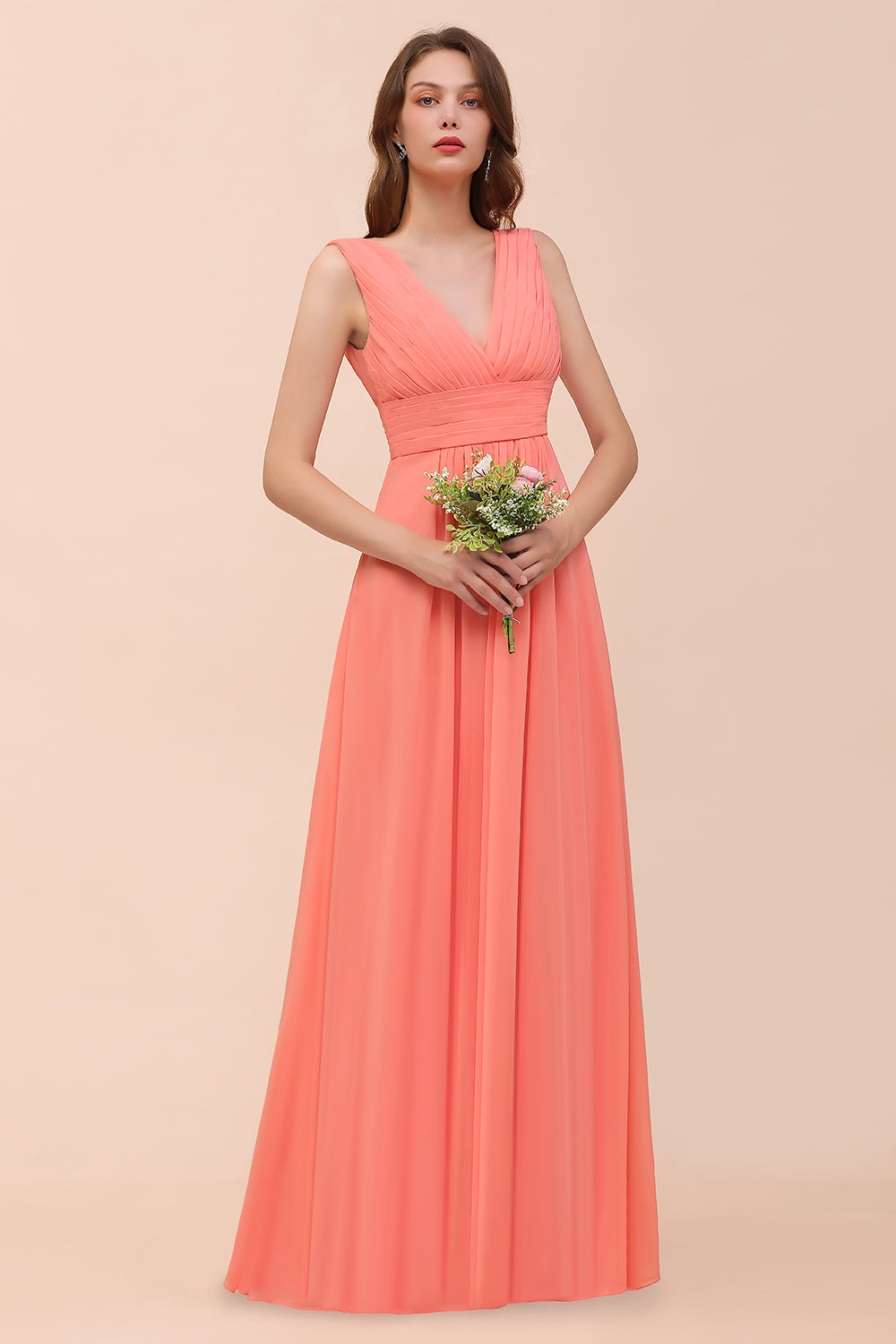 Elegant V-Neck Ruffle Coral Chiffon Affordable Bridesmaid dresses