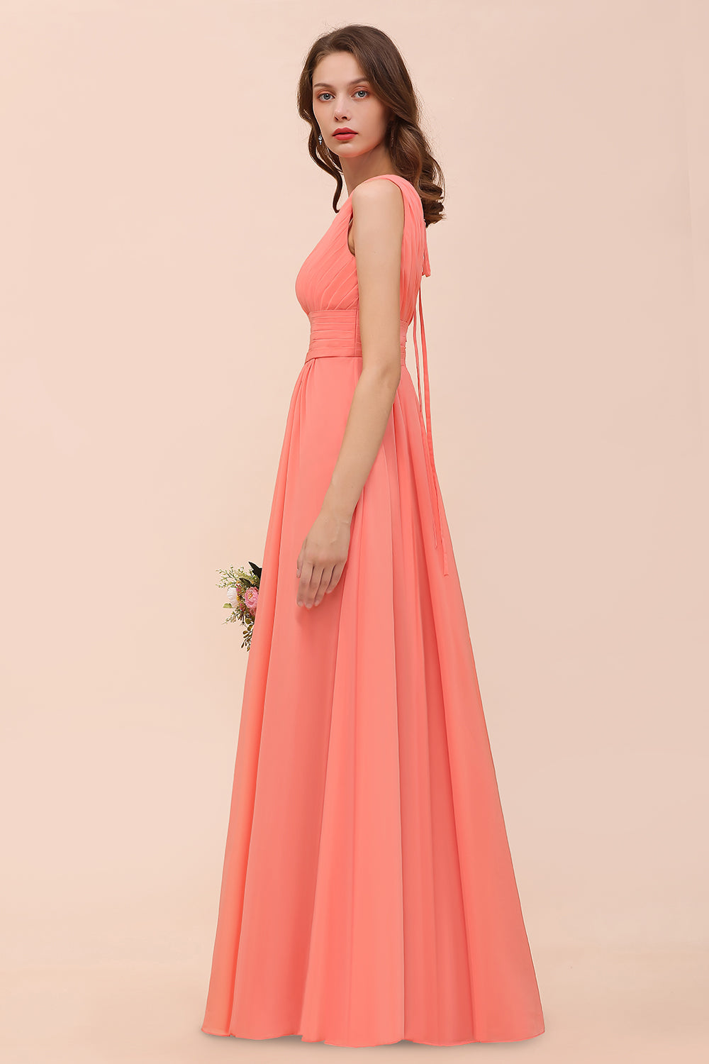 Elegant V-Neck Ruffle Coral Chiffon Affordable Bridesmaid dresses