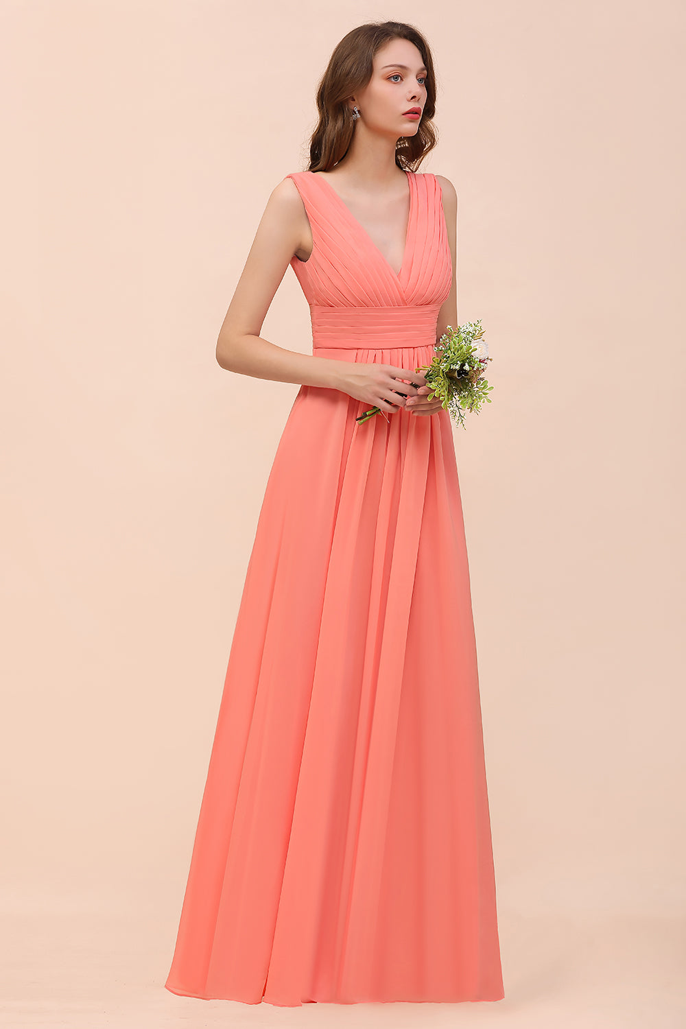 Elegant V-Neck Ruffle Coral Chiffon Affordable Bridesmaid dresses