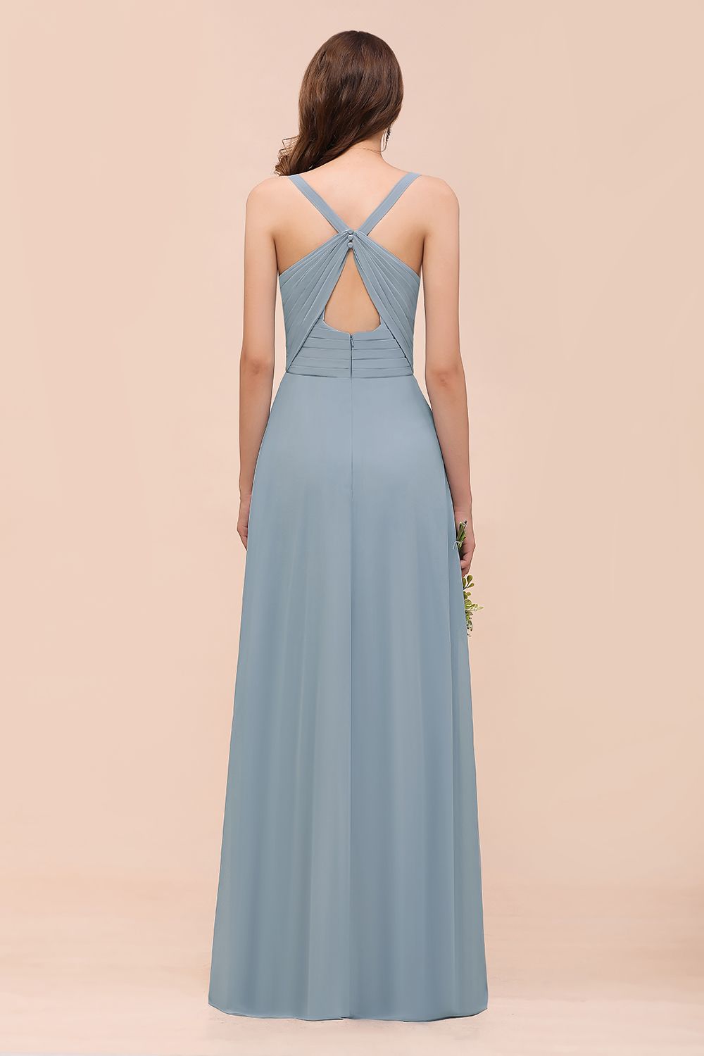 Elegant V-Neck Ruffle Dusty Blue Chiffon Bridesmaid dresses