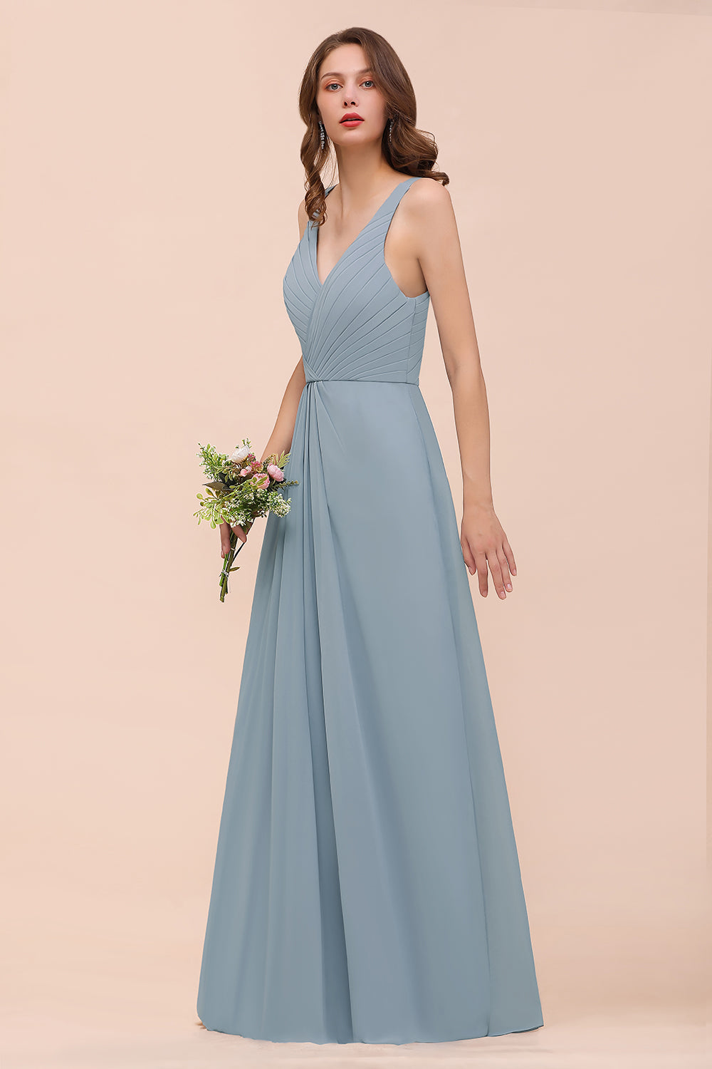 Elegant V-Neck Ruffle Dusty Blue Chiffon Bridesmaid dresses