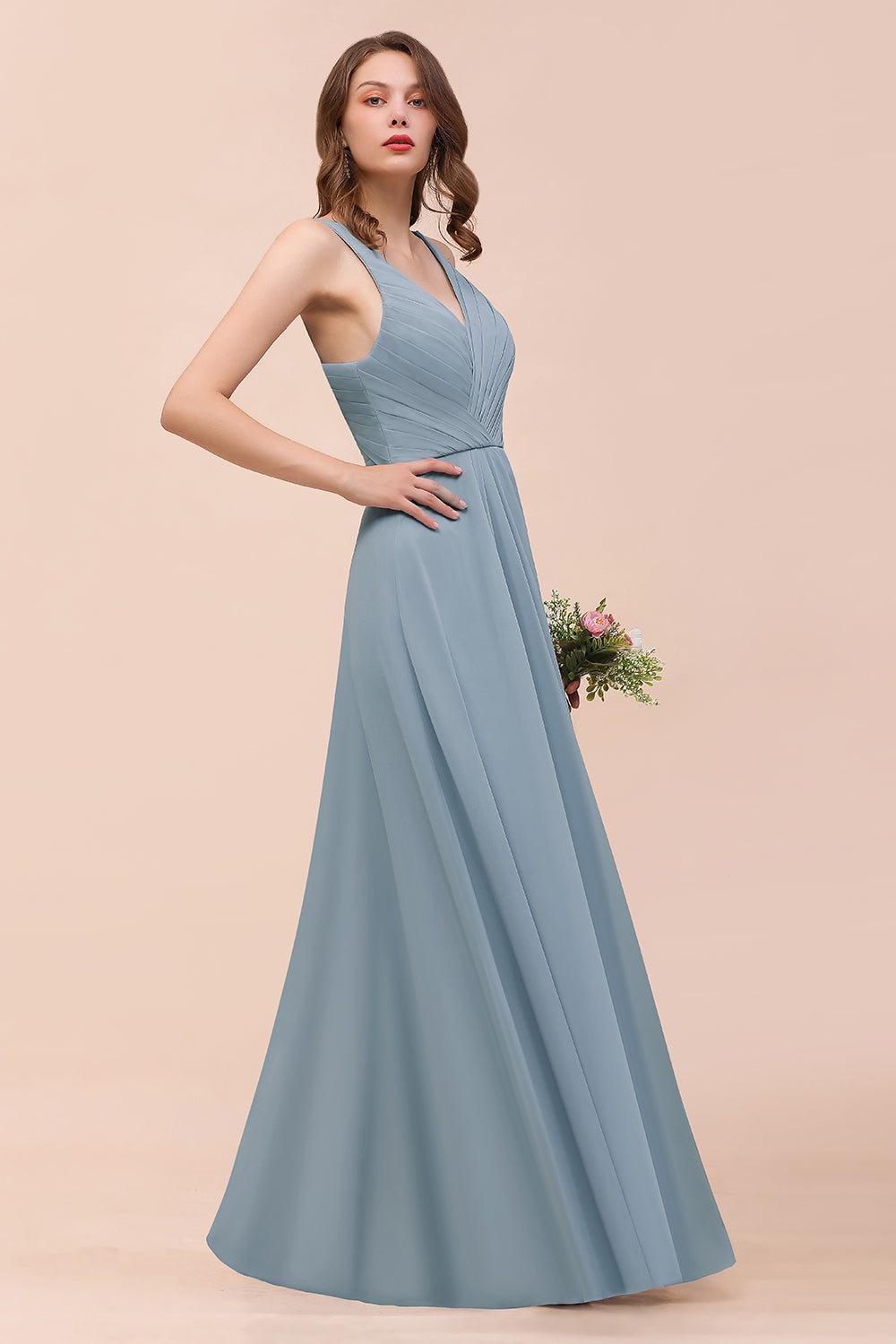 Elegant V-Neck Ruffle Dusty Blue Chiffon Bridesmaid dresses