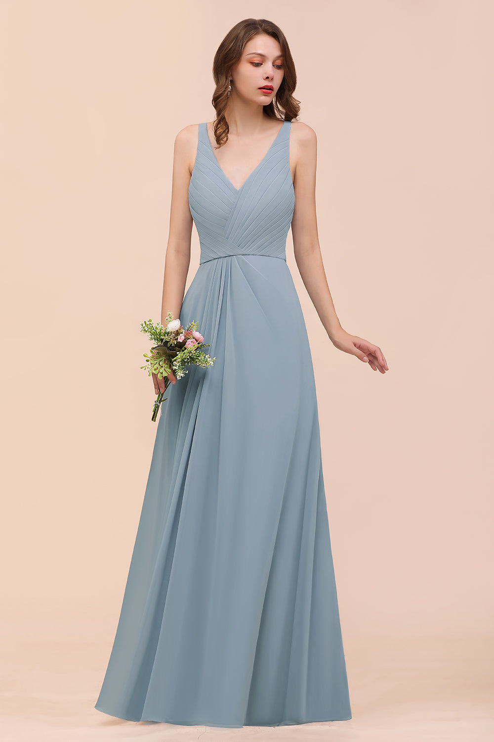 Elegant V-Neck Ruffle Dusty Blue Chiffon Bridesmaid dresses