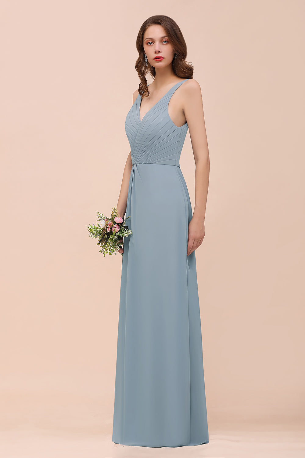 Elegant V-Neck Ruffle Dusty Blue Chiffon Bridesmaid dresses