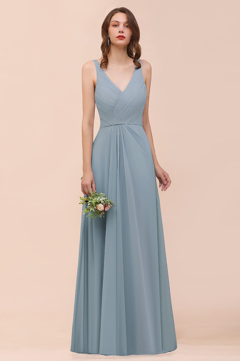 Elegant V-Neck Ruffle Dusty Blue Chiffon Bridesmaid dresses